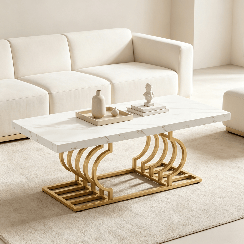 47" Faux Marble Coffee Table Gold Geometric Frame Living Room Decorative End Table with Storage Shelves Modern Simple Style