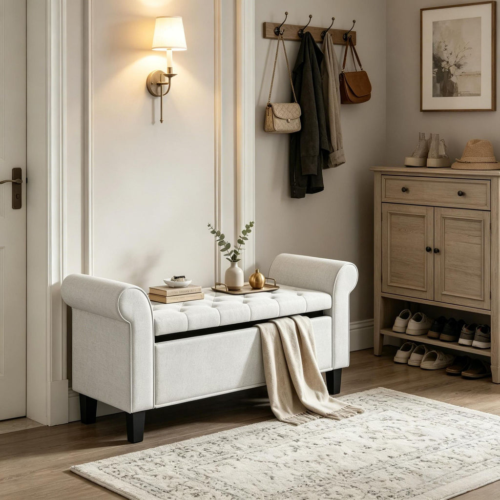 47 Inch Tufted Storage Ottoman Bench Cream White End of Bed Bench with Rolled Arms Safety Hinge Wood Legs for Bedroom
