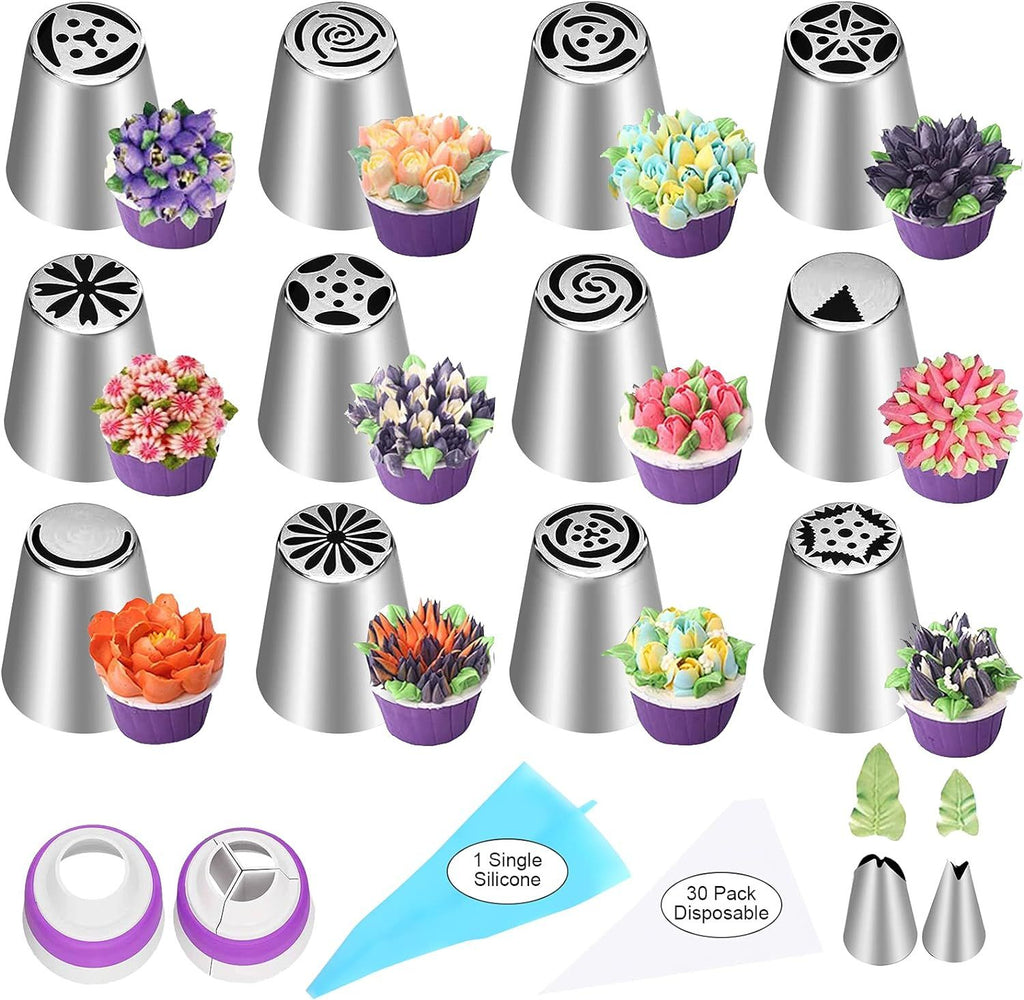 47 Pcs Russian Piping Tips Set, 12 Flower Frosting Nozzles Icing Tips for Cake Decorating Tips Kit, Baking Supplies for Cookie Cupcake, 2 Leaf Piping Tips 2 Couplers 30 Pastry Baking Bags