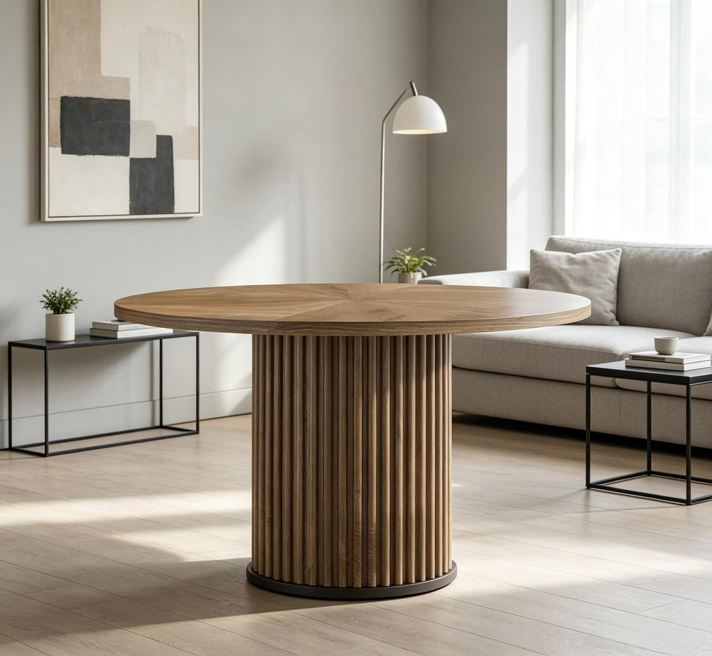 47" round Dining Table Wood Kitchen Table with Sturdy Fluted Metal Base for Home Furniture