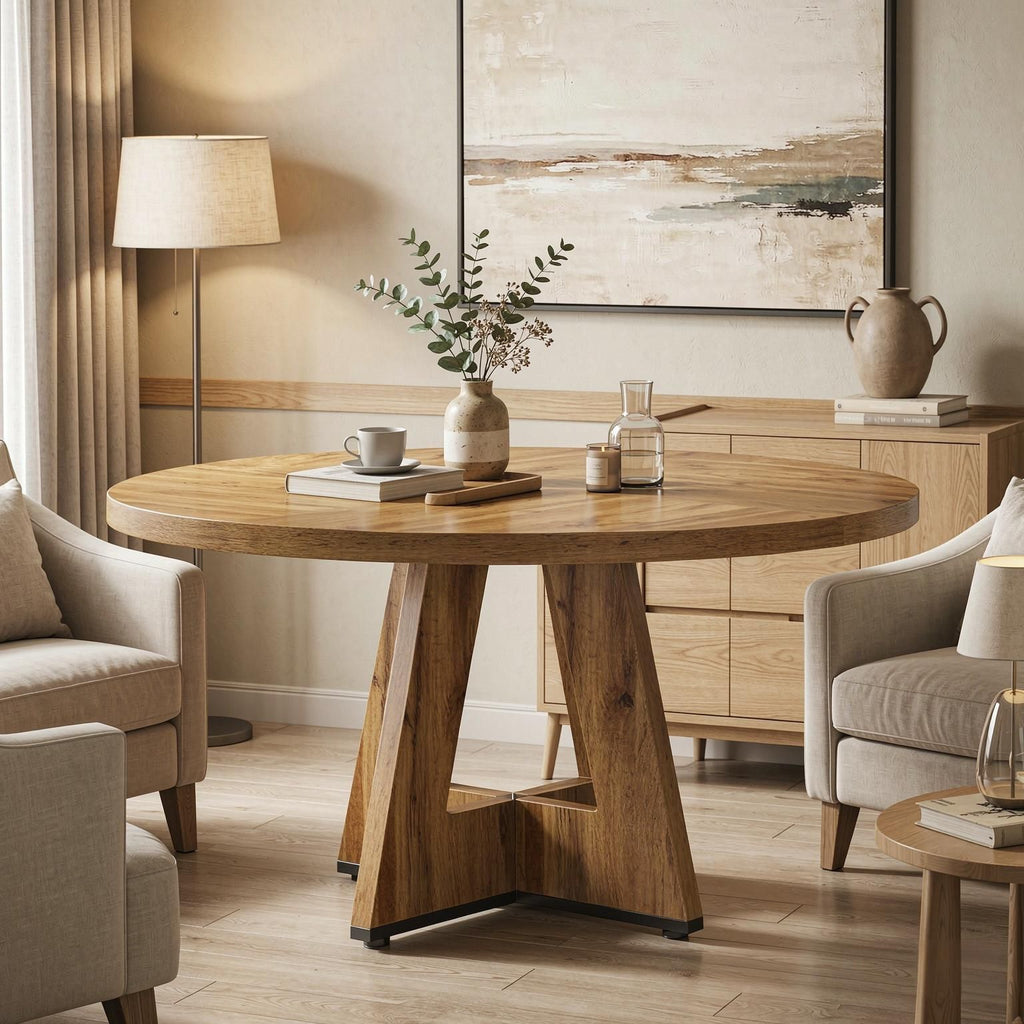 47" round Farmhouse Dining Table for 4 People Rustic Dining Room Table Wood Kitchen Table with Natural Wood Finish