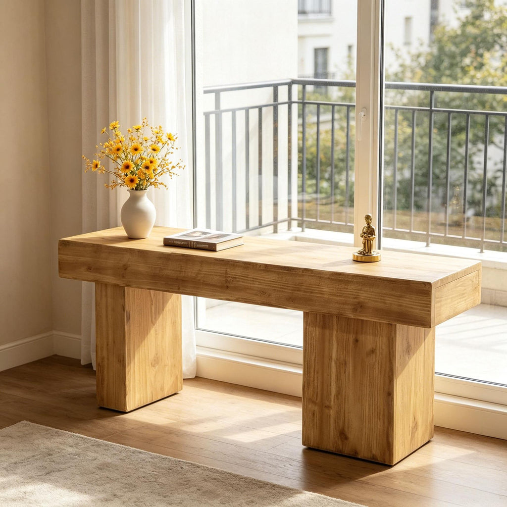 47" Solid Wood Bench Farmhouse Style Entryway Bench with Unique Artistic Legs for Home Decor