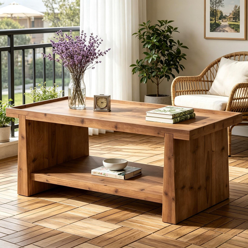 47" Wood Coffee Table Farmhouse Style Center Table with 2-Tier Open Storage for Living Room Decorative Wood Table