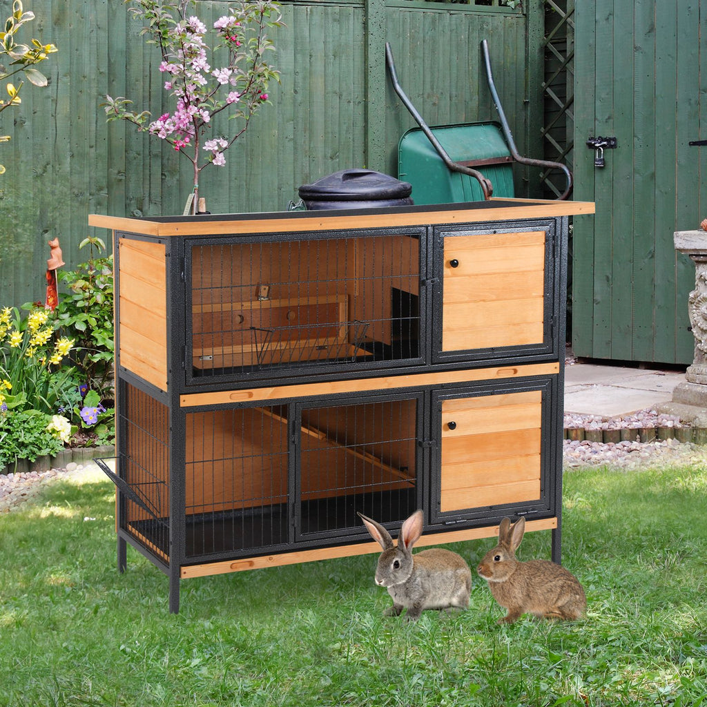 48" 2-Story Large Rabbit Hutch Bunny Cage Wooden Pet House Metal Frame with Individual Room, Ramp, No Leak Tray, Feeding Trough, Waterproof Asphalt Roof for Outdoor/Indoor