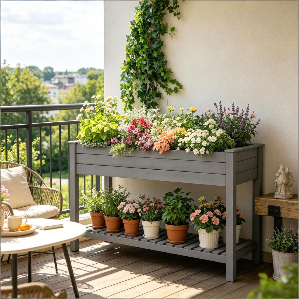 48'' Elevated Wooden Raised Garden Bed Planter Box Dark Gray with Drainage Holes for Vegetables Herbs Flowers Backyard