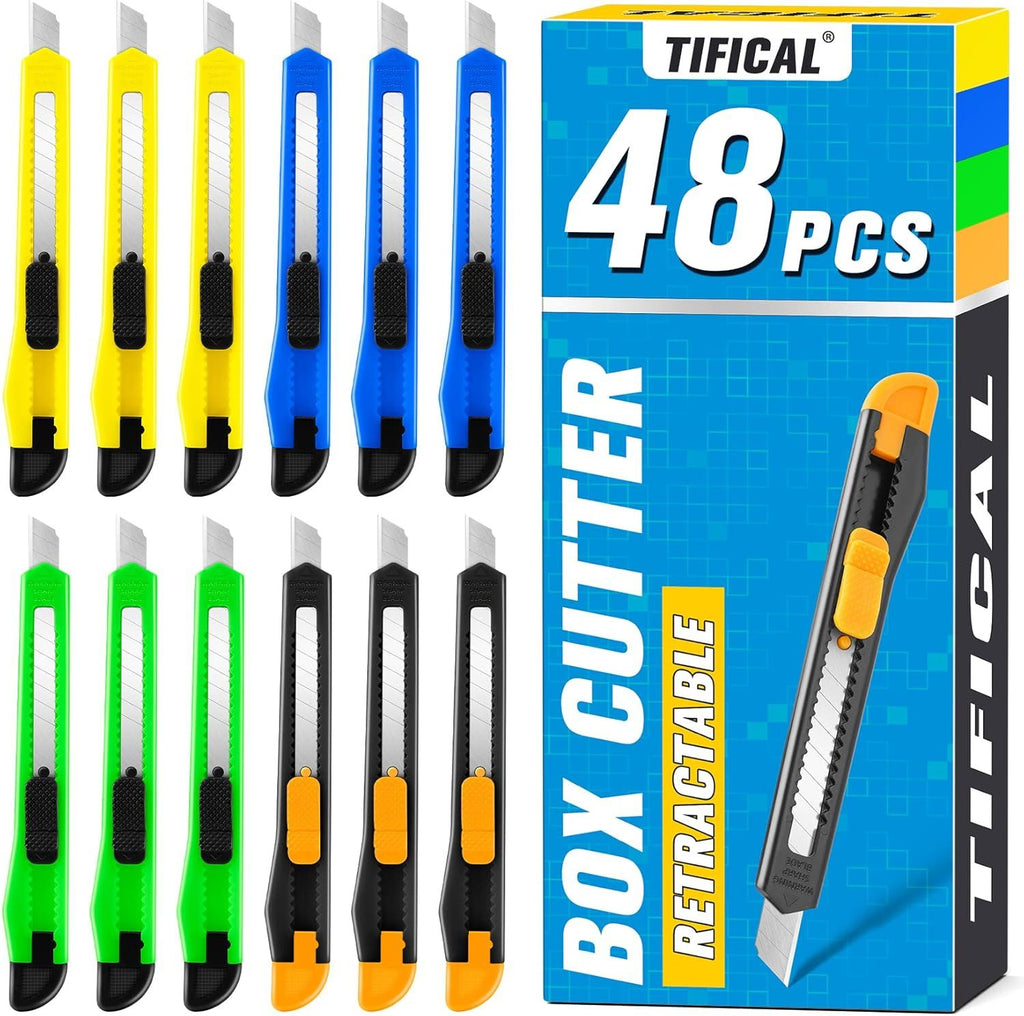 48 Pack 9mm Box Cutter Retractable Utility Knife, Razor Knife for Cartons, Box Opener, Disposable Exacto Knife for Home, School use