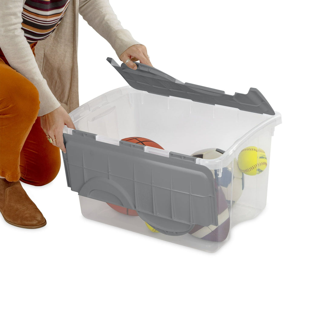 48 Quart Hinged Lid Storage Box, Clear Plastic Storage Bin with FlipLid, Gray