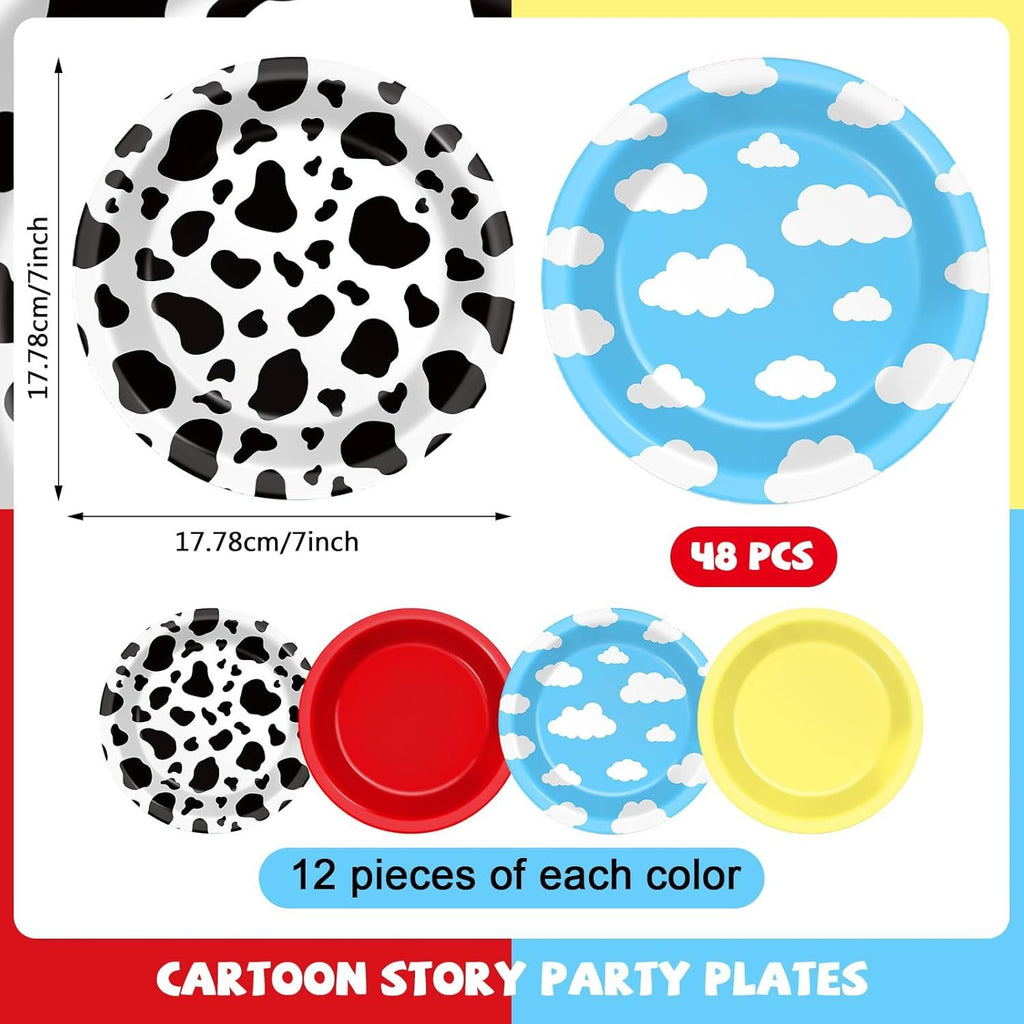 48Pcs Cartoon Story Birthday Party Paper Plates for Toy Inspire Game Story Table