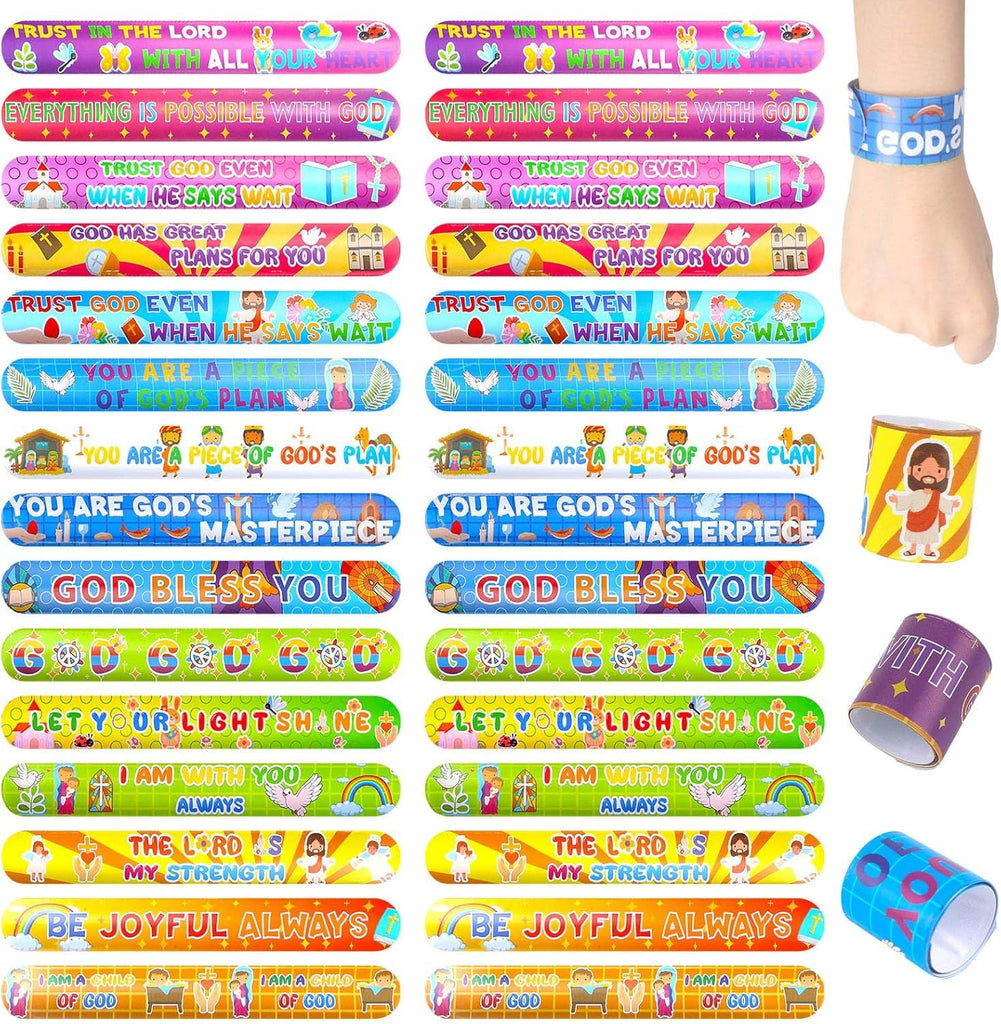 48PCS Christian Snap Bracelets, Bible Verses Religious Slap Wristbands Slap Bracelets for Kids Sunday School Gifts Classroom Prizes