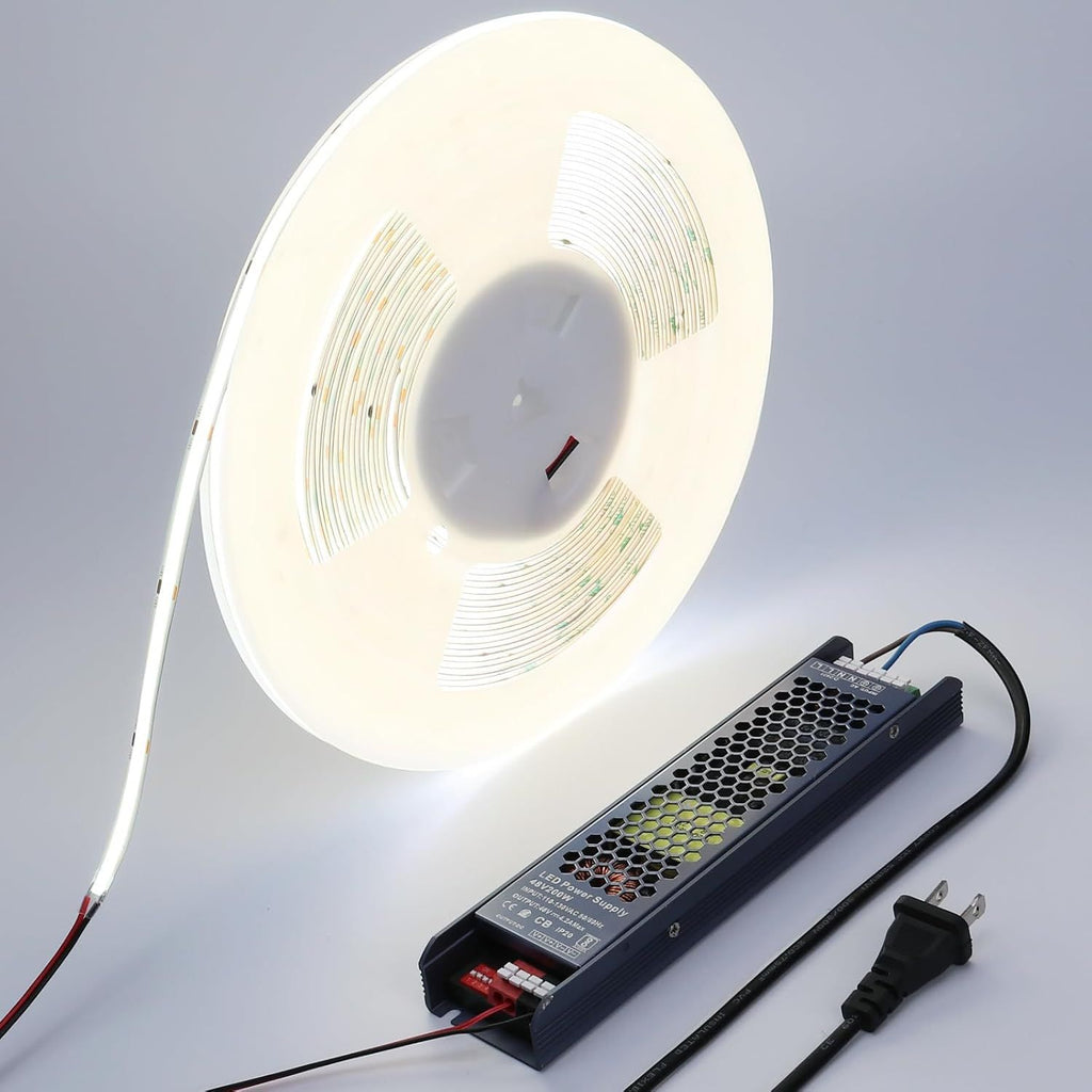 48V COB LED Strip Light 65.6ft, 6000K Cool White Flexible Cuttable LED Tape Lights 8W/M 480LEDs/M CRI 92 with AC 110V Power Supply for Bedroom Ceiling Living Room Commercial