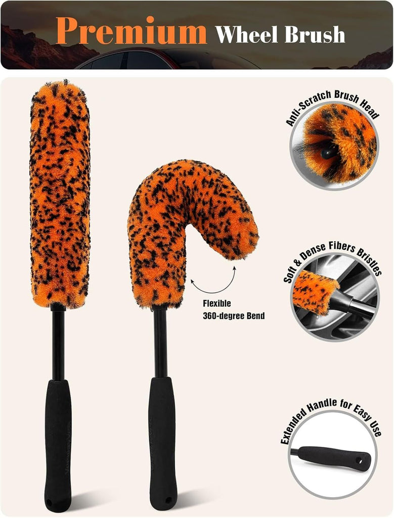 4PCS Car Wheel Brush Kit, Microfiber Wheel Cleaner Brush with Boar Hair Detailing Brush, Bendable & Durable Wheel and Tire Brush Kit for Cleaning Wheels, Tires