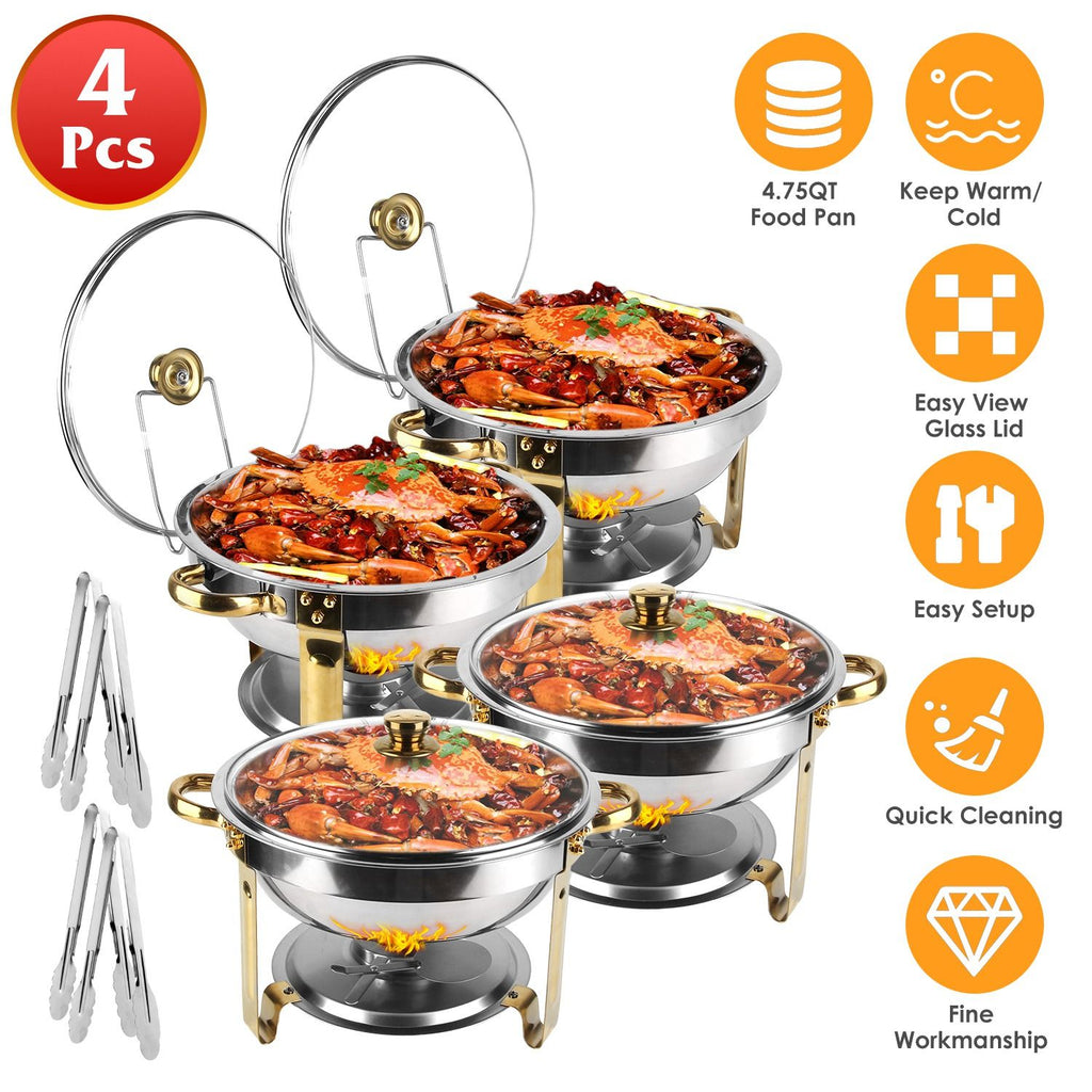 4Pcs Chafing Dish Buffet Set 4.76QT Round Buffet Servers Food Warmer Stainless Steel Catering Chafer with Glass Lid for Warming Cooling Gatherings Banquets Buffets Party Wedding GPCT5357