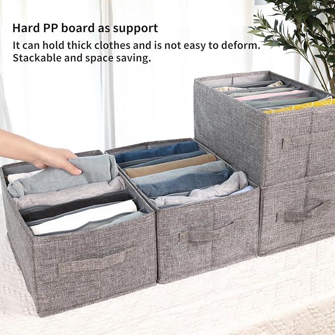 4pcs Wardrobe Clothes Organizer with Board Closet Organizers and Storage 7 Grids Divider Organizers Washable Compartment Storage Bins for Jeans T-shirt Pants Legging