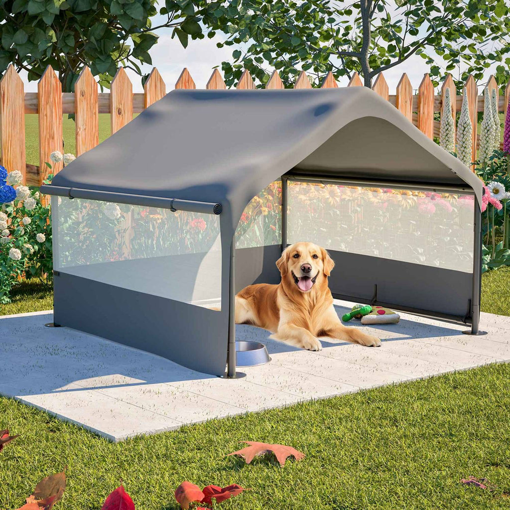 4'x4'x3' Extra Large Outdoor Dog House Tent Breathable Outdoor Enclosure with 3-Sided Roll-Up Mesh Windows Ground Stakes Storage Bag for Dogs, Cats, Rabbits, Chickens & Small Livestock