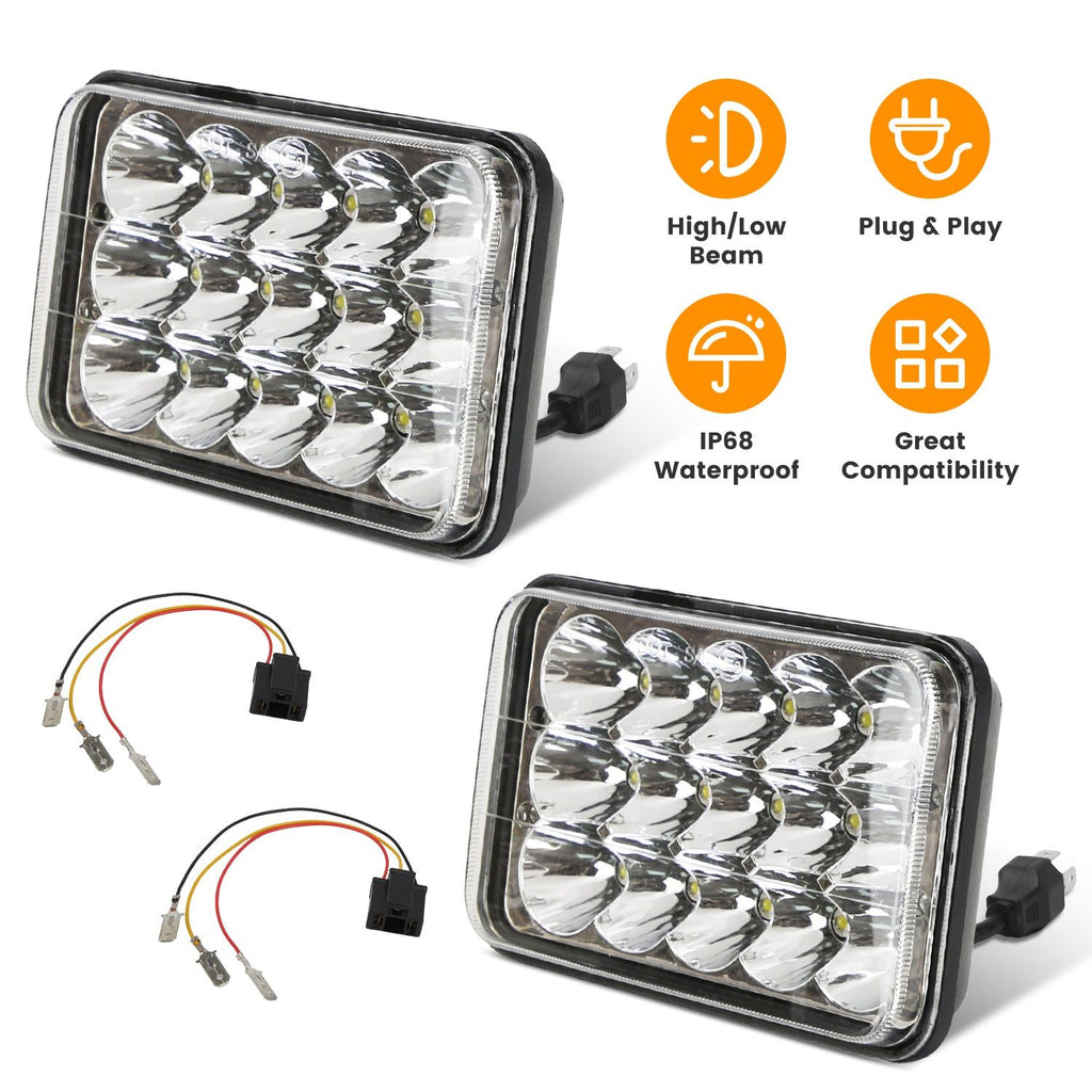 4x6in Car LED Headlights Vehicle Rectangular Headlamp with H4 Socket H4-to-3Pins Adapter with High Low Beam White Light IP68 Waterproof for 10-80V SUV Truck Sedan Car Motorcycle GPCT5330