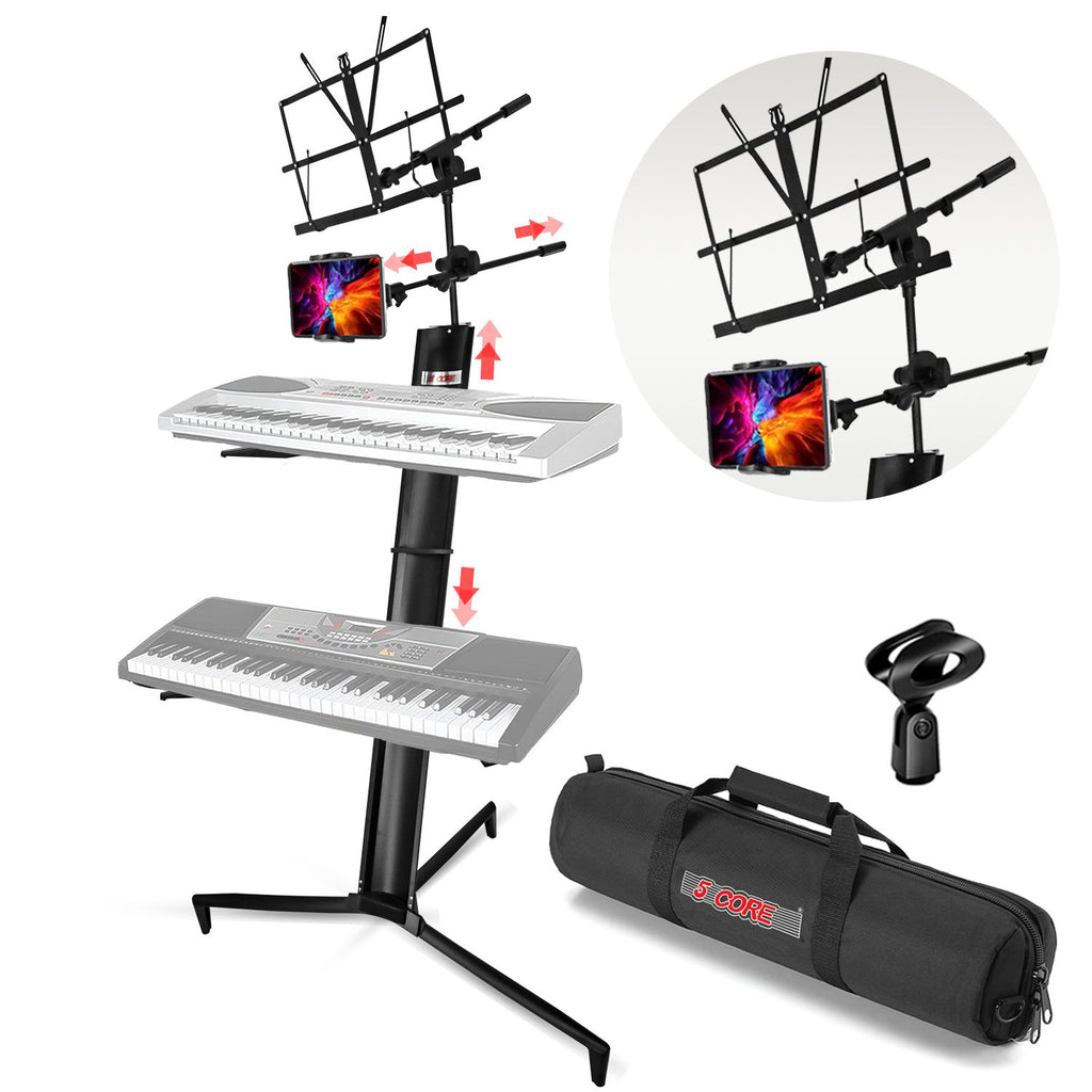 5 CORE 2 Tier Heavy Duty Multi Functional Portable Music Stand Digital Keyboard Stand Extension Adapter Telescopic Arm Mic Stand Height with Adjustment Bag Included