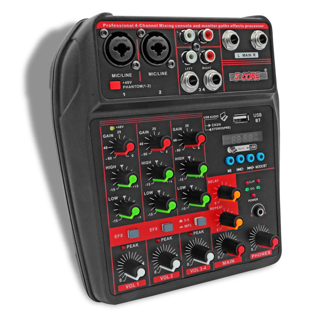5 Core Audio Interface Mixer 4 Channel PC XLR Bluetooth USB DJ Music Podcast Karaoke Sound Board