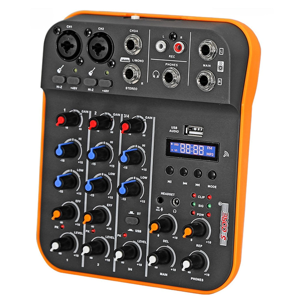 5 Core Audio Interface Mixer 4 Channel PC XLR Bluetooth USB DJ Music Podcast Karaoke Sound Board