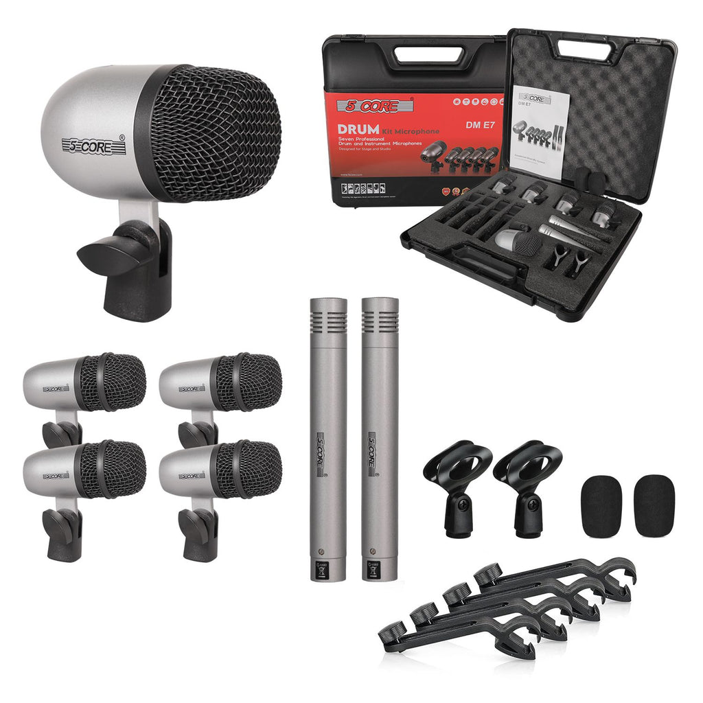 5 Core Drum Microphone Kit 7Pc All Metal Drummer Mics Tom/Snare & Cymbals Wired Instrument Drums Set
