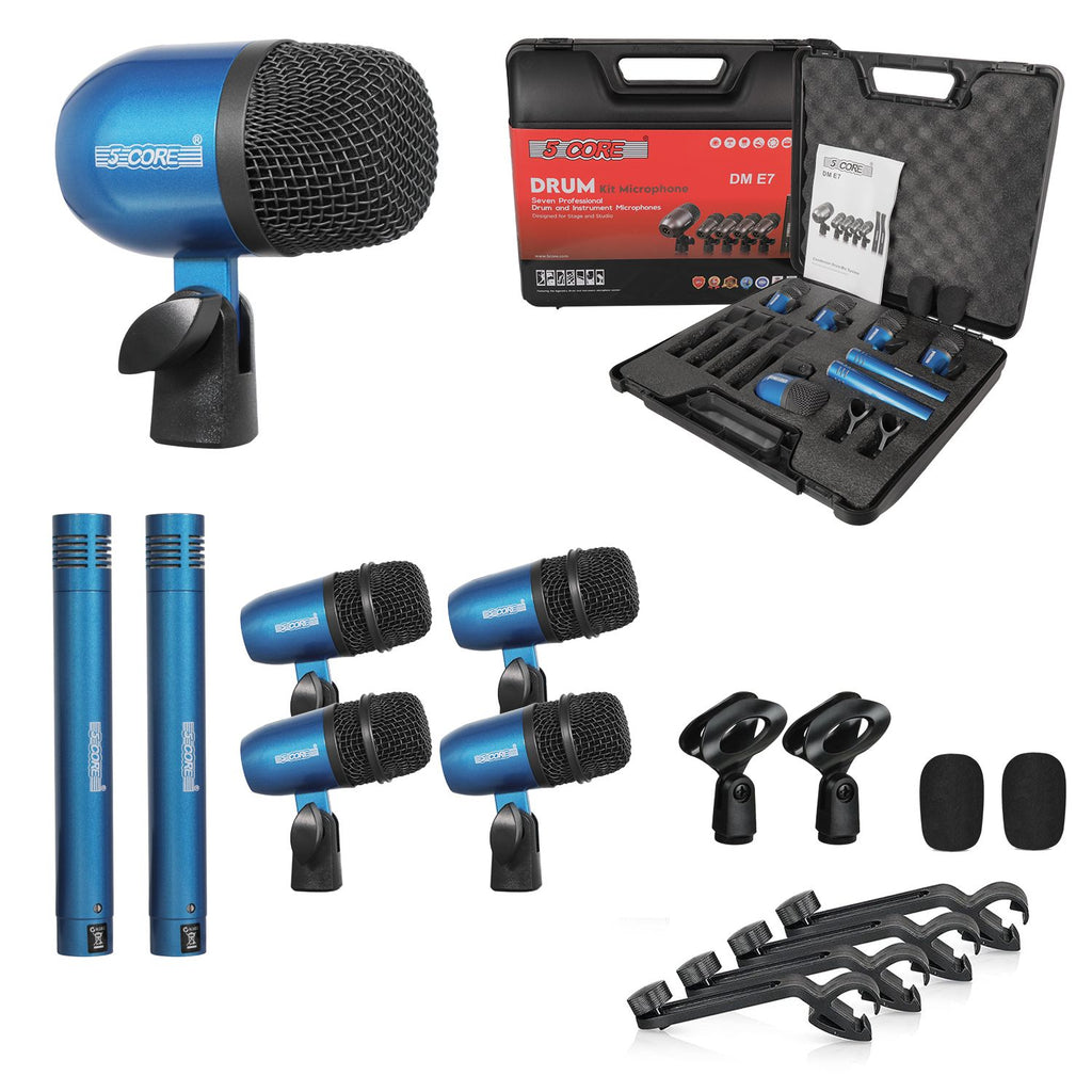 5 Core Drum Microphone Kit 7Pc All Metal Drummer Mics Tom/Snare & Cymbals Wired Instrument Drums Set