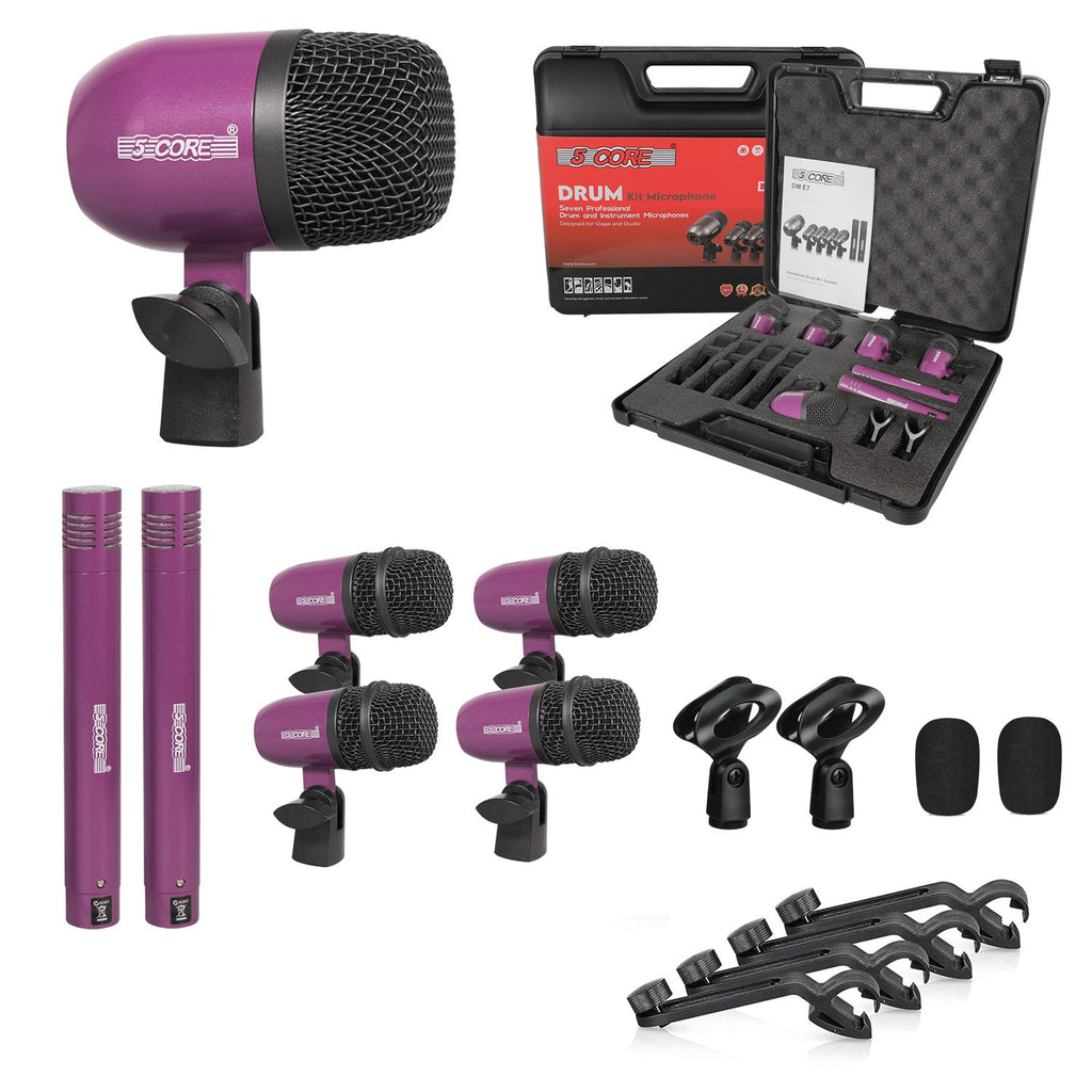 5 Core Drum Microphone Kit 7Pc All Metal Drummer Mics Tom/Snare & Cymbals Wired Instrument Drums Set