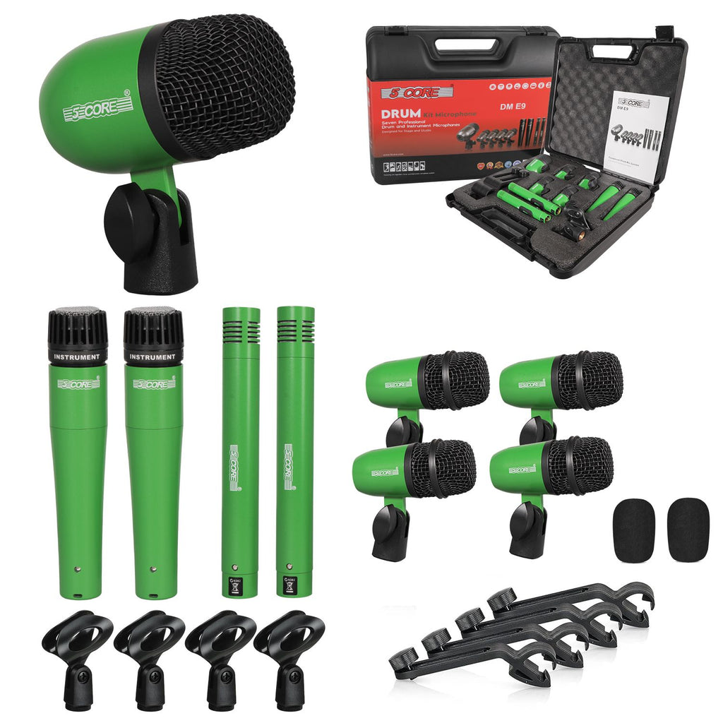 5 Core Drum Microphone Kit 9Pc All Metal Drummer Mics Tom/Snare & Cymbals Wired Instrument Drums Set