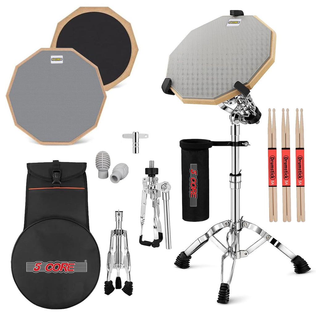 5 Core Drum Practice Pad Set 12" Adjustable Snare Drumming Stand Double Sided Silent Drummer Kit - DPAD COMBO