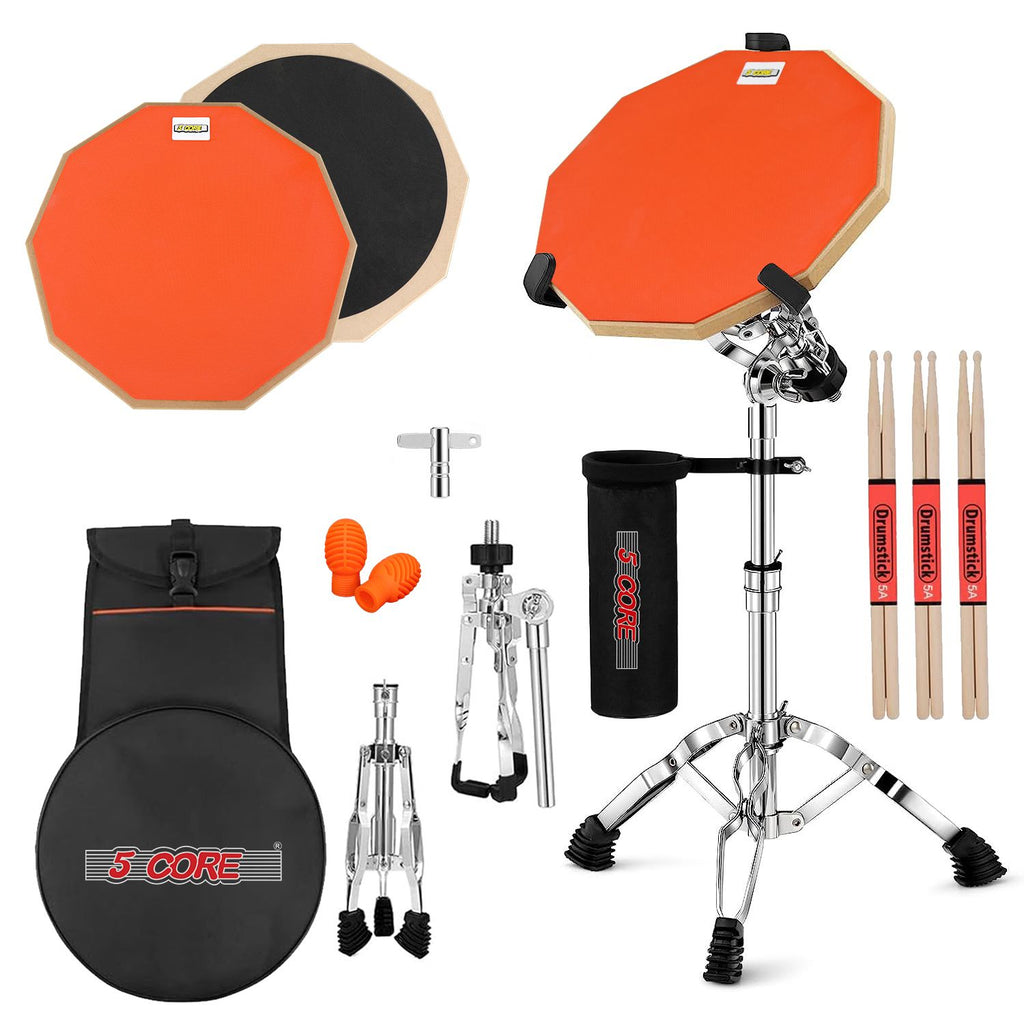 5 Core Drum Practice Pad Set 12" Adjustable Snare Drumming Stand Double Sided Silent Drummer Kit - DPAD COMBO