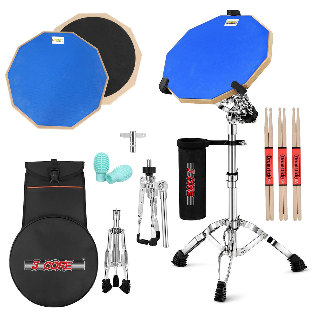5 Core Drum Practice Pad Set 12" Adjustable Snare Drumming Stand Double Sided Silent Drummer Kit - DPAD COMBO