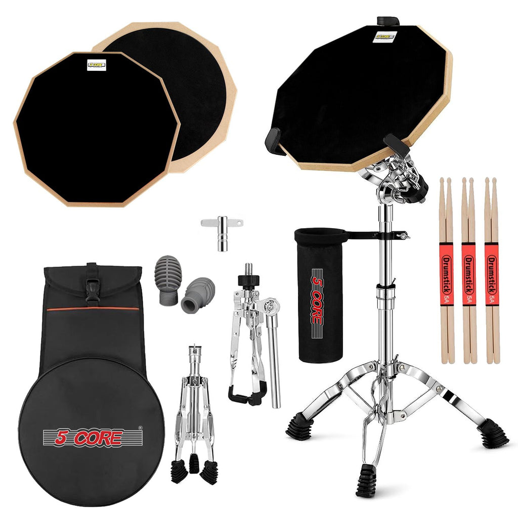 5 Core Drum Practice Pad Set 12" Adjustable Snare Drumming Stand Double Sided Silent Drummer Kit - DPAD COMBO