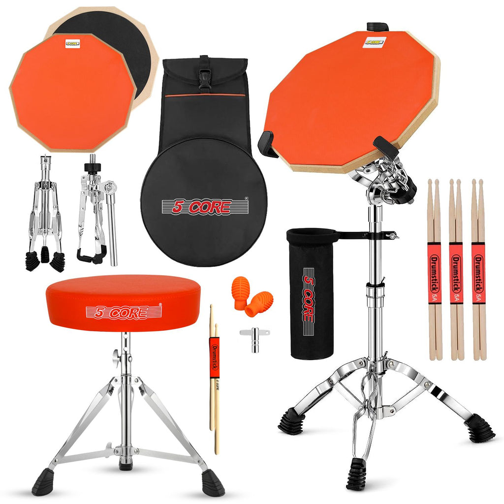 5 Core Drum Throne Adjustable Guitar Stool Padded Seat + Drum Practice Pad Snare Drumming Stand