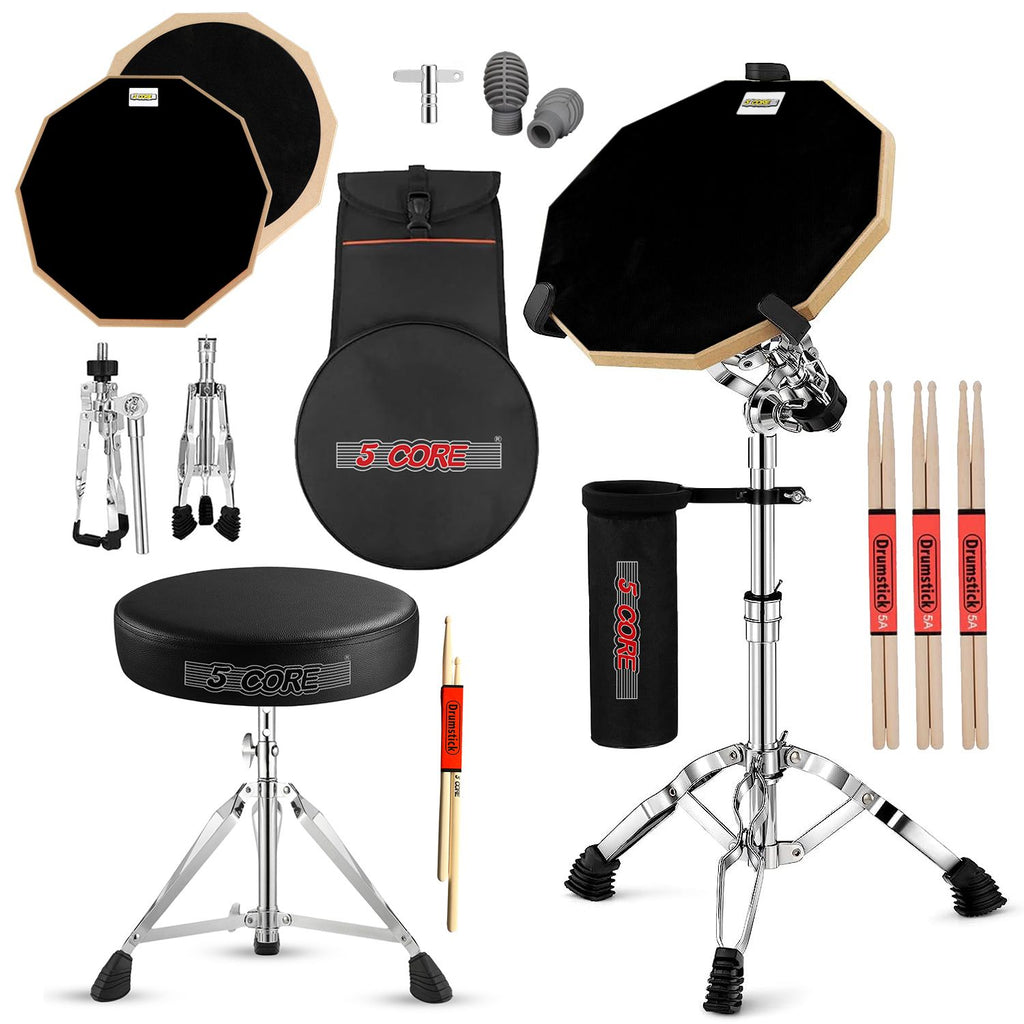 5 Core Drum Throne Adjustable Guitar Stool Padded Seat + Drum Practice Pad Snare Drumming Stand