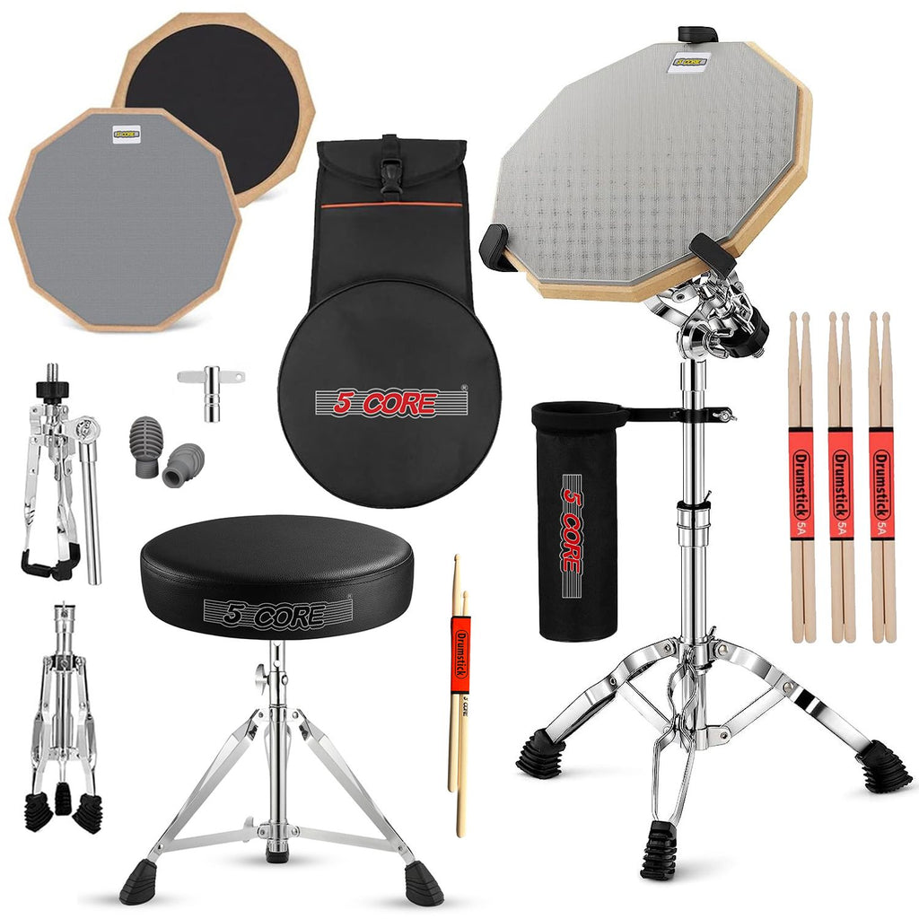 5 Core Drum Throne Adjustable Guitar Stool Padded Seat + Drum Practice Pad Snare Drumming Stand