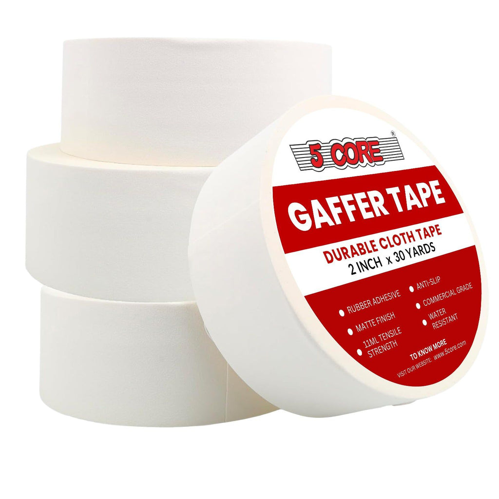 5 Core Gaffers Tape 2 Inch 30 Yards 4Pcs Professional Black Pro Gaff Tape Heavy Duty Cotton Non Reflective Matte Finish Water Resistant Residue Free Easy Tear Gaffing Tape - GFF TP WH 4pcs