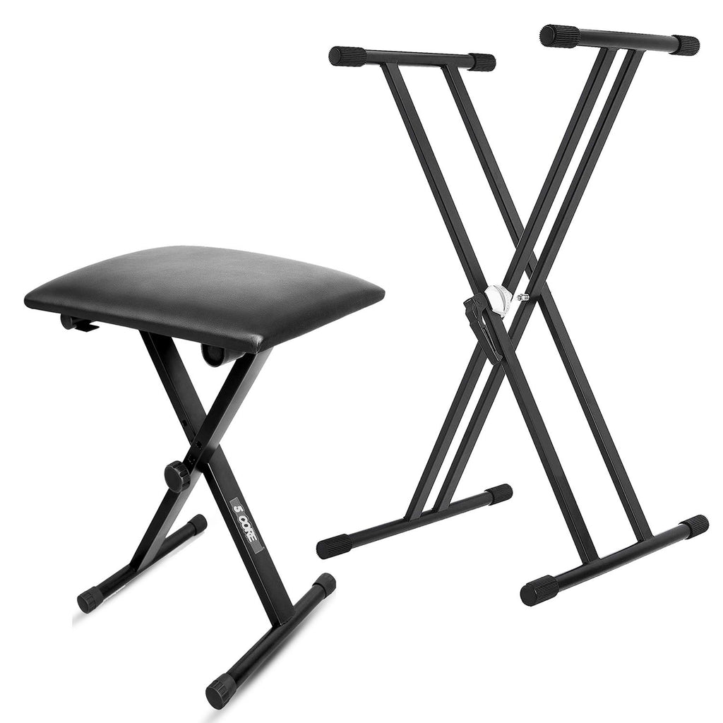 5 Core Keyboard Stand Double X Style Piano Riser Adjustable Holder + Keyboard Stool Thick Padded Piano Bench