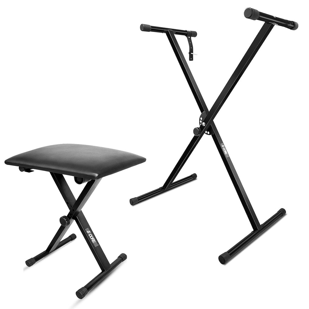 5 Core Keyboard Stand Single X Style Piano Riser Adjustable Holder + Keyboard Stool Thick Padded Piano Bench