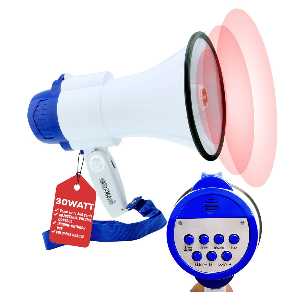 5 Core Megaphone 30W Bull Horn PA Speaker w 800 Yards Range Loud Siren Voice Amplifier Portable
