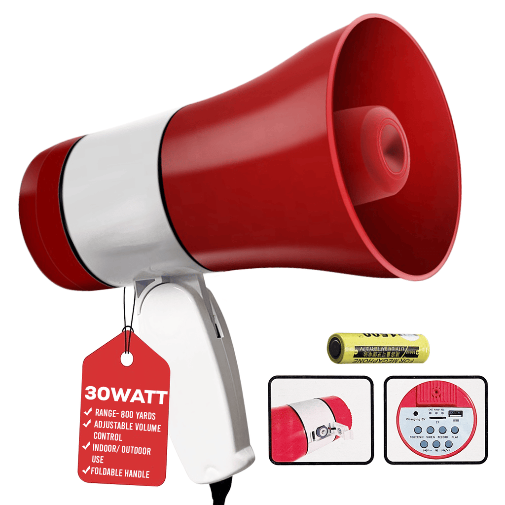 5 Core Megaphone 30W Bull Horn PA Speaker w 800 Yards Range Siren Loud Megafono for Sports & Coaches