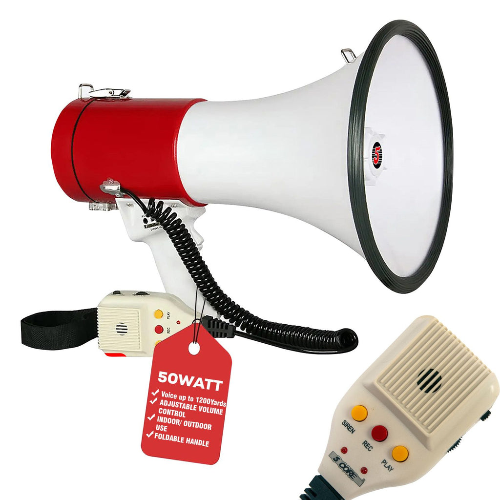 5 Core Megaphone 50W Bull Horn Professional PA Speaker w 1200 Yards Range Loud Siren Voice Amp