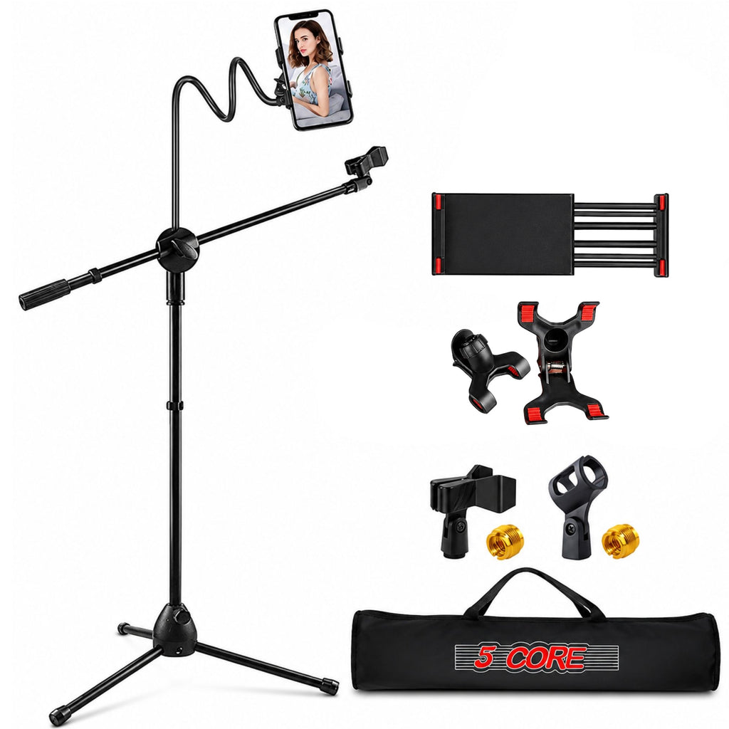5 Core Microphone Stand + Phone Holder Floor Boom Mic Stand Gooseneck + Tablet Holder Collapsible Adjustable Tripod Mic Stand w Two Mic Clips + Carry Bag for Singing Karaoke Studio Parties