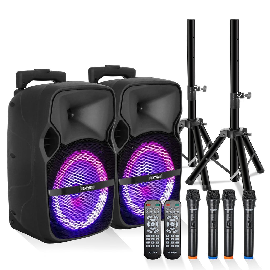 5 Core Party Speaker Bluetooth 250W Big Monster Powered Rechargeable Outdoor PA DJ System w Disco Lights 2 Wireless Karaoke Mics Portable Rolling Speakers w Handle Black