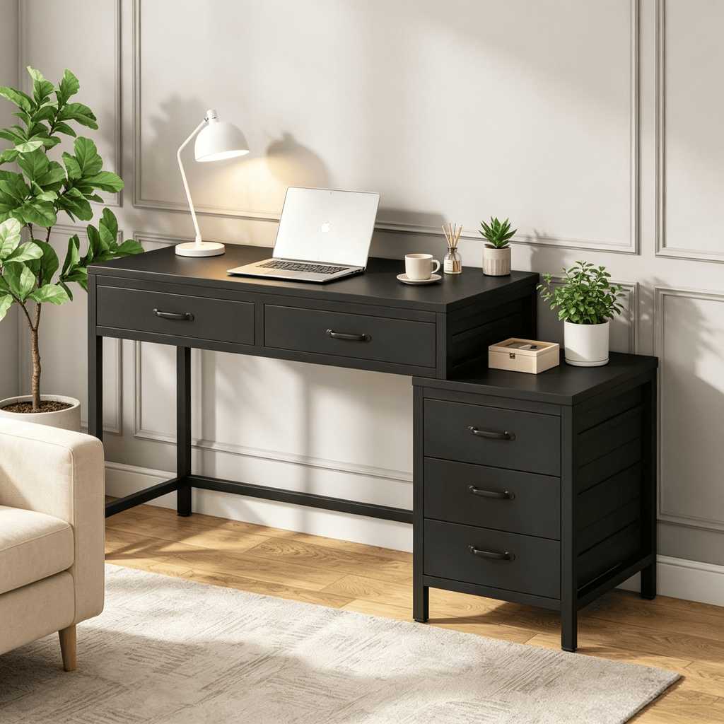 5-Drawer Computer Desk Study Writing Table with Reversible Drawer Cabinet for Home Office