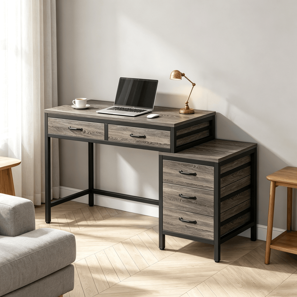 5-Drawer Computer Desk Study Writing Table with Reversible Drawer Cabinet for Home Office