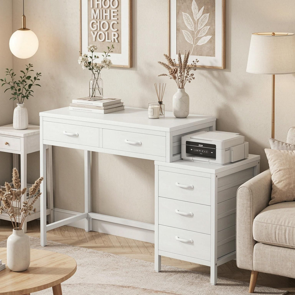 5-Drawer Computer Desk Study Writing Table with Reversible Drawer Cabinet for Home Office