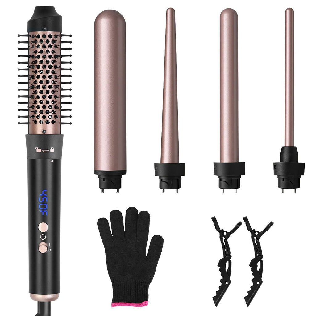 5 in 1 Curling Wand with Leakage-Protection Hair Curling Iron Brush Hair Thermal Brush Curler with 4 Heating Levels 360° Rotatable Cable 5 Interchangeable Barrels 2 Clips Plug 1H Auto Off