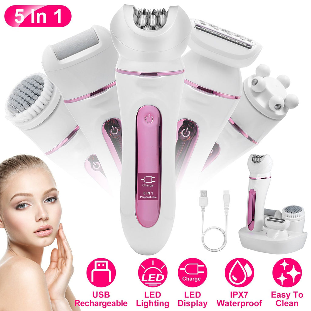 5 In 1 Electric Body Epilator Rechargeable Women's Grooming Kit Epilator Shaver Facial Brush Callus Remover 5-Point Massager with LED Light LED Display Charging Base