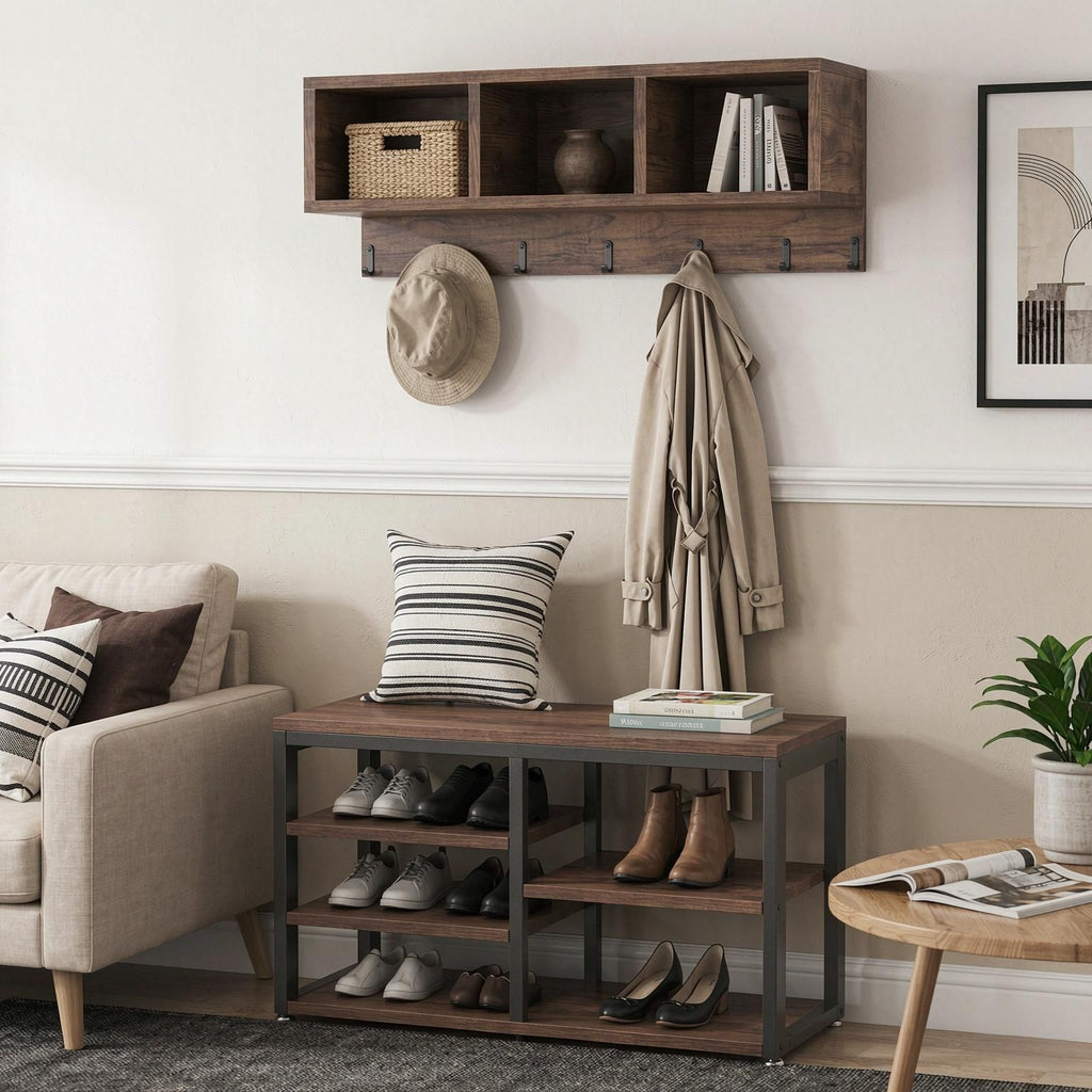5 in 1 Hall Tree Shoe Bench Set Wall Mounted Shelf Storage Organizer for Entryway Living Room Bedroom Modern Simple Style