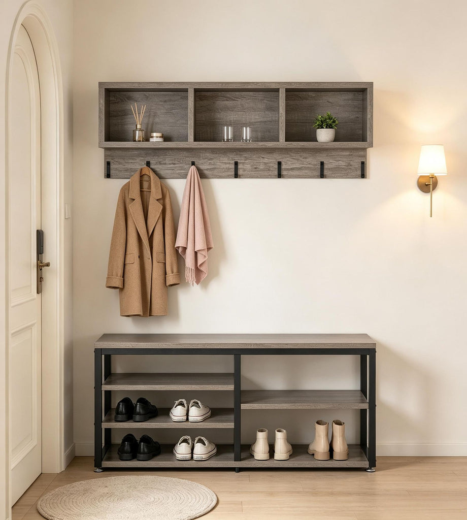 5 in 1 Hall Tree Shoe Bench Set Wall Mounted Shelf Storage Organizer for Entryway Living Room Bedroom Modern Simple Style