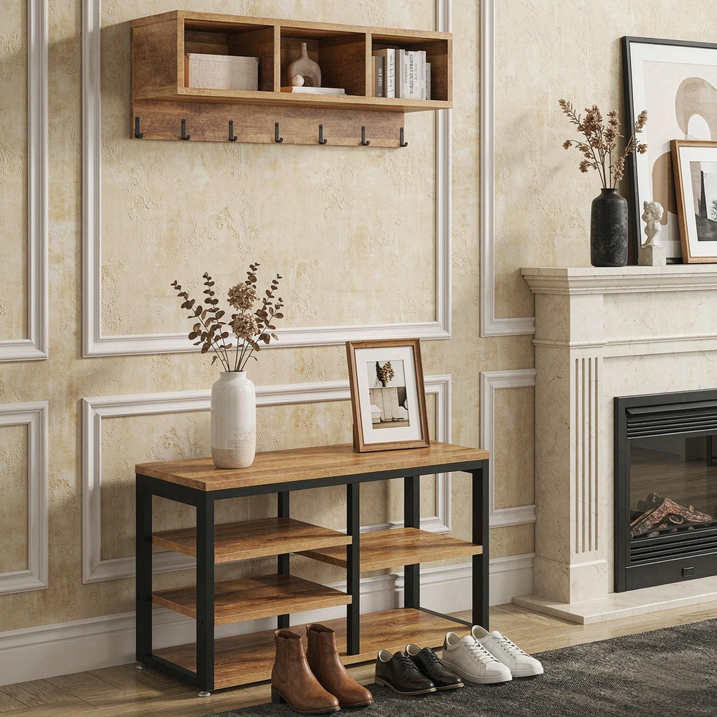 5 in 1 Hall Tree Shoe Bench Set Wall Mounted Shelf Storage Organizer for Entryway Living Room Bedroom Modern Simple Style