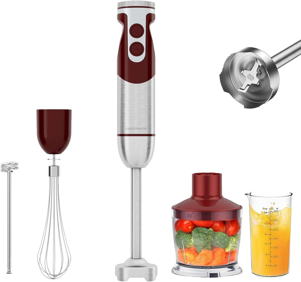5-in-1 Immersion Hand Blender Set with Variable Speed, 400W, Stainless Steel - Includes Chopper, Whisk, Milk Frother, and Beaker - Ideal for Soups, Smoothies, Baby Food & More (RED)
